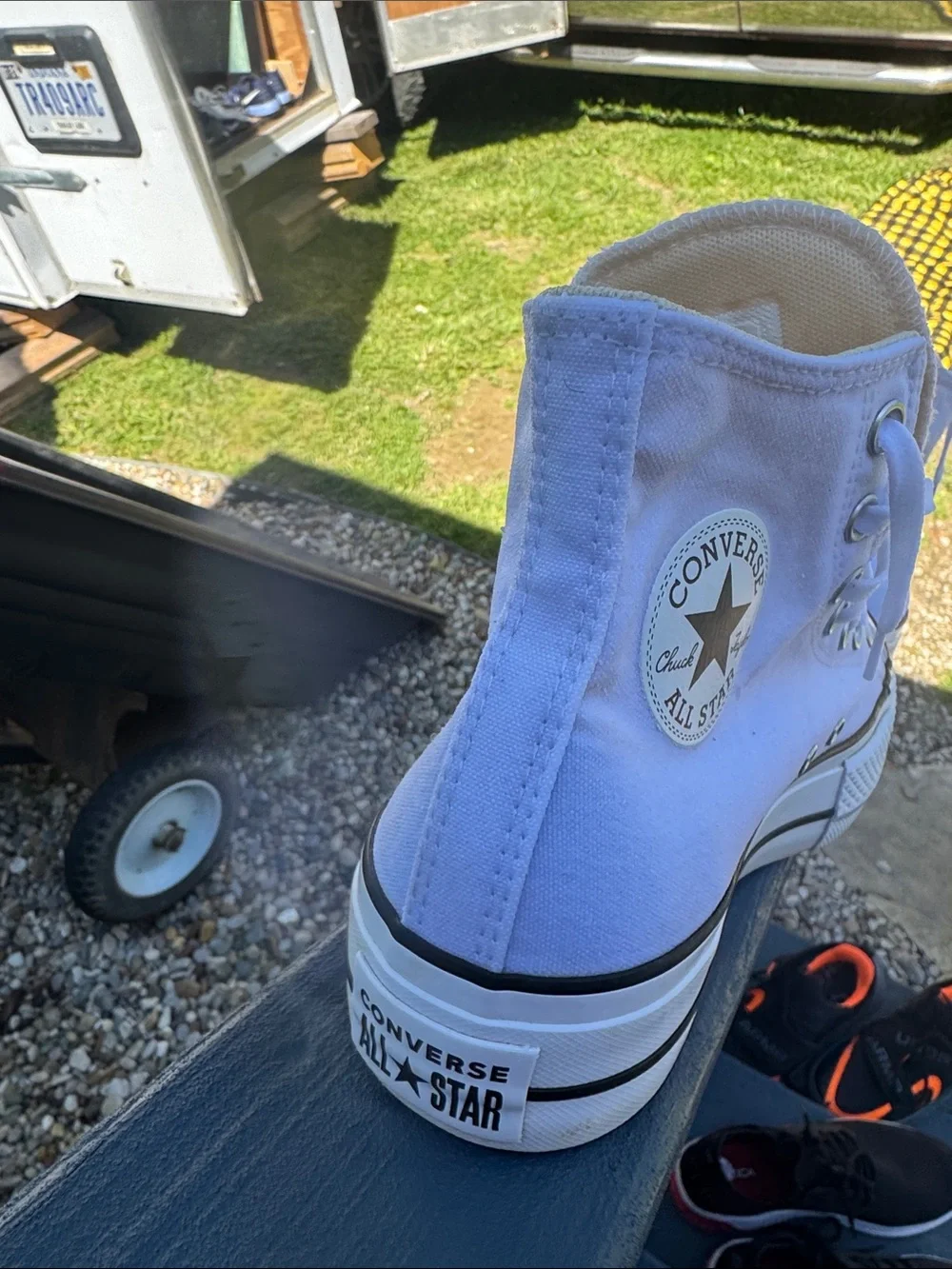 Converse White High Top Sneakers with Black Trim - Picture 3 of 14